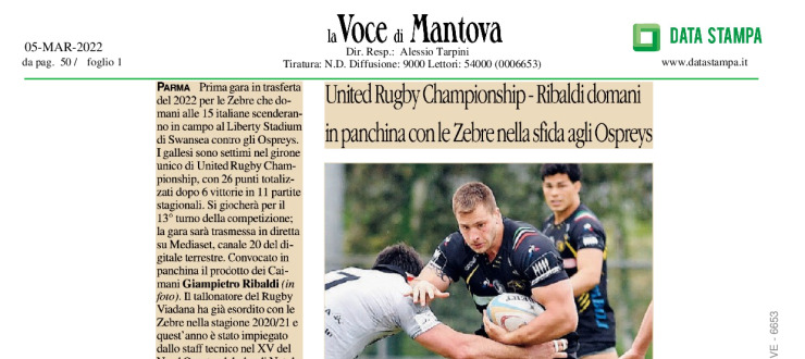 United Rugby Championship - Ribaldi domani in panchina con le Zebre nella sfida agli Ospreys