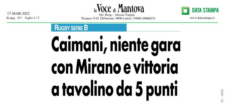 Caimani, niente gara con Mirano e vittoria a tavolino da 5 punti