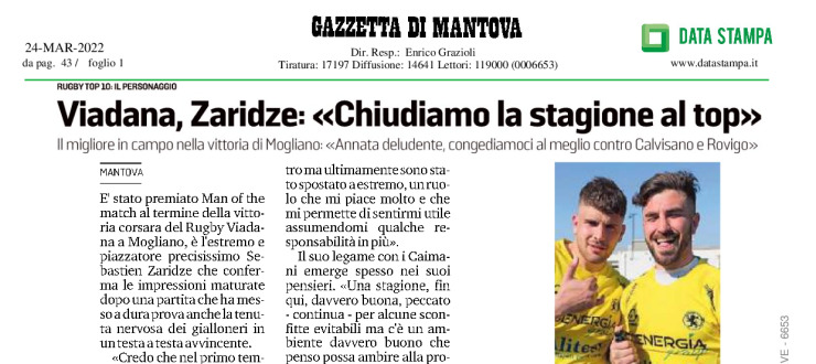 Viadana, Zaridze: <<Chiuidiamo la stagione al top>>