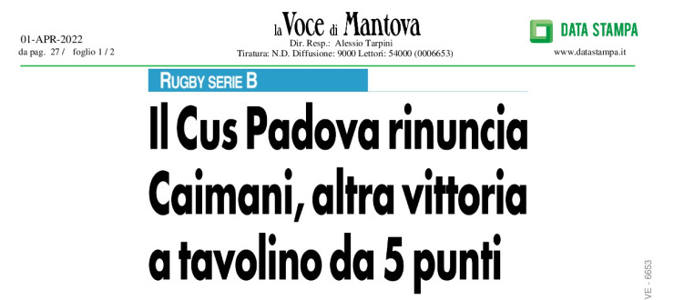 Il Cus Padova rinuncia. Caimani, altra vittoria a tavolino da 5 punti