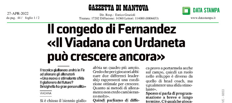 Il congedo di Fernandez <<Il Viadana con Urdaneta può crescere ancora>>