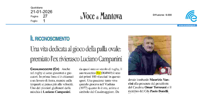Una vita dedicata al gioco della palla ovale: premiato l'ex rivierasco Luciano Campanini