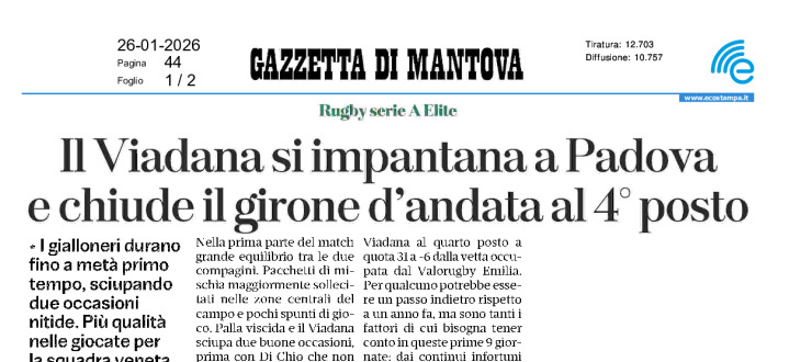 Il Viadana si impantana a Padova e chiude il girone d'andata al 4° posto