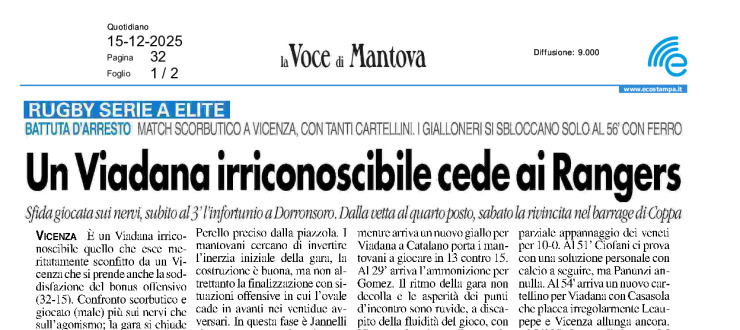 Un Viadana irriconoscibile cede ai Rangers