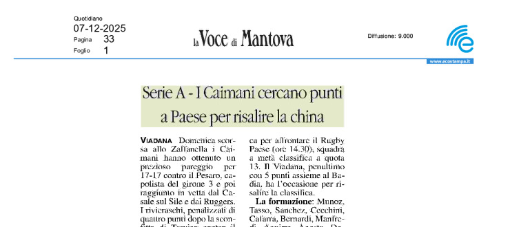 Serie A. I Caimani cercano punti a Paese per risalire la china