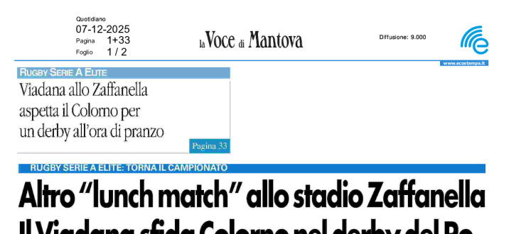 Altro "lunch match" allo Stadio Zaffanella. Il Viadana sfida Colorno nel derby del Po