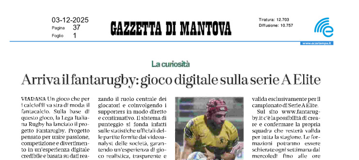 Arriva il fantarugby: gioco digitale sulla Serie A Elite