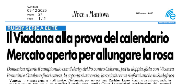 Il Viadana alla prova del calendario. Mercato aperto per allungare la rosa