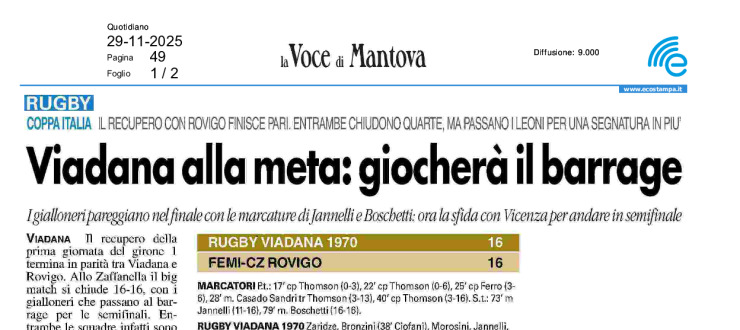 Viadana alla meta: giocherà il barrage