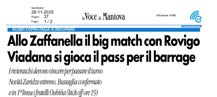 Allo Zaffanella il big match con Rovigo. Viadana si gioca il pass per il barrage