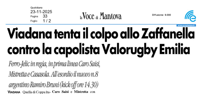 Viadana tenta il colpo allo Zaffanella contro la capolista Valorugby Emilia