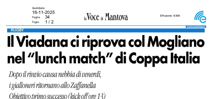 Il Viadana ci riprova nel "lunch match" di Coppa Italia