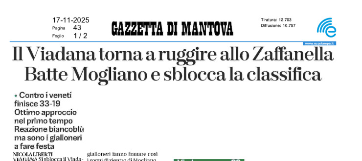 Il Viadana torna a ruggire allo Zaffanella. Batte Mogliano e sblocca la classifica