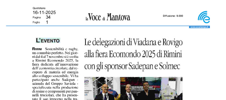 Le delegazioni di Viadana e Rovigo alla fiera Ecomondo 2025 di Rimini con gli sponsor Sadepan e Solmec