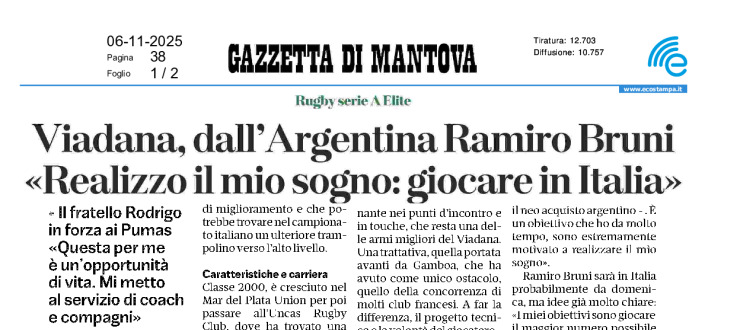 Viadana, dall'Argentina Ramiro Bruni. "Realizzo il mio sogno, giocare in Italia"