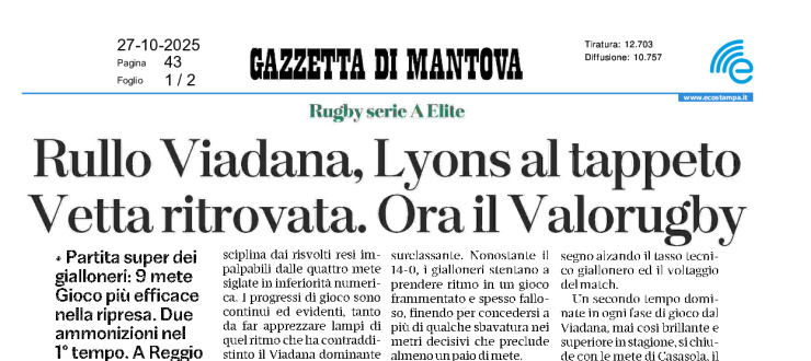 Rullo Viadana, Lyons al tappeto. Vetta ritrovata. Ora il Valorugby