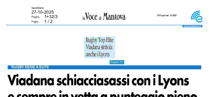 Viadana schiacciasassi con i Lyons e sempre in vetta a punteggio pieno