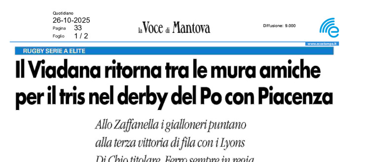 Il Viadana ritorna tra le mura amiche per il tris nel derby del Po con Piacenza