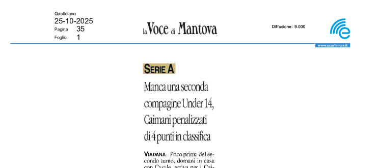Manca una seconda compagine Under 14, Caimani penalizzati di 4 punti in classifica