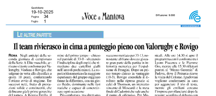 Il team rivierasco in cima a punteggio pieno con Valorugby e Rovigo