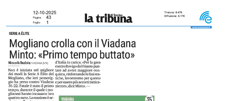Mogliano crolla con il Viadana. Minto: "Primo tempo buttato"