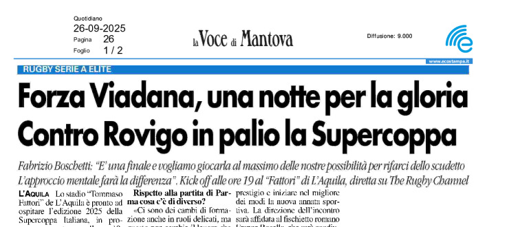 Forza Viadana, una notte per la gloria. Contro Rovigo in palio la Supercoppa
