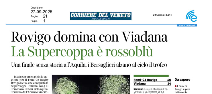 Rovigo domina con Viadana. La Supercoppa è rossoblu
