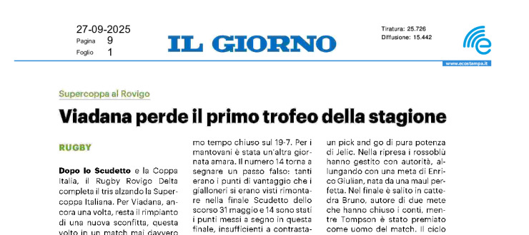 Viadana perde il primo trofeo della stagione