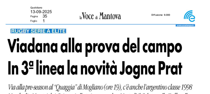 Viadana alla prova del campo. In 3a linea la novità Jogna Prat