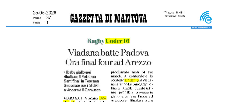 Rugby Under 16 - Viadana batte Padova. Ora la Final Four ad Arezzo