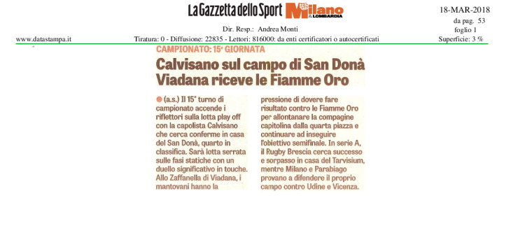 Calvisano sul campo di San Donà. Viadana riceve le Fiamme Oro