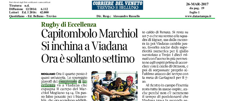 Capitombolo Marchiol. Si inchina a Viadana. Ora è soltanto settimo