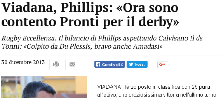 Viadana, Phillips: «Ora sono contento Pronti per il derby»