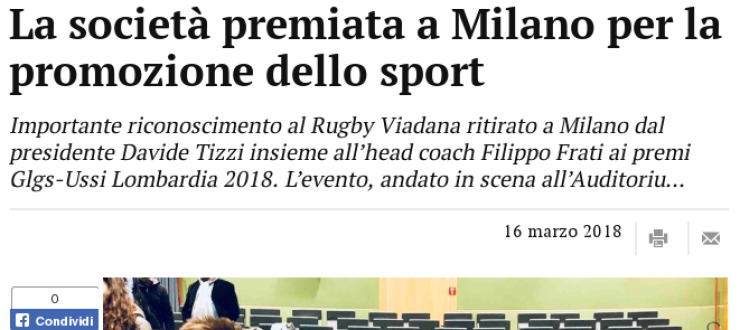 La società premiata a Milano per la promozione dello sport