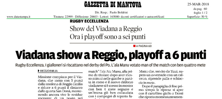 Viadana show a Reggio, playoff a 6 punti