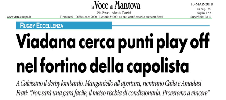 Viadana cerca punti playoff nel fortino della capolista