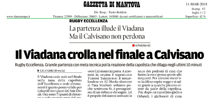 Il Viadana crolla nel finale a Calvisano