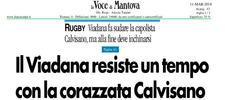 Il Viadana resiste un tempo con la corazzata Calvisano