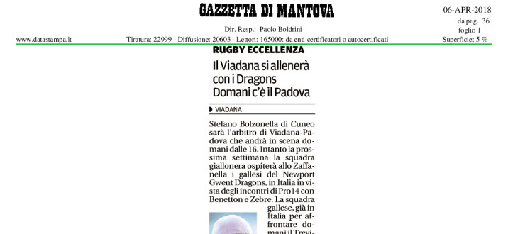 Il Viadana si allenerà con i Dragons. Domani c'è il Padova