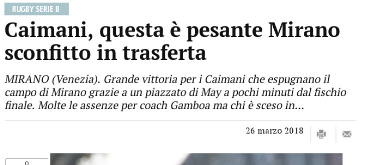 Caimani, questa è pesante Mirano sconfitto in trasferta