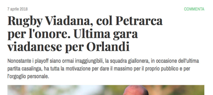 Rugby Viadana, col Petrarca  per l'onore. Ultima gara  viadanese per Orlandi