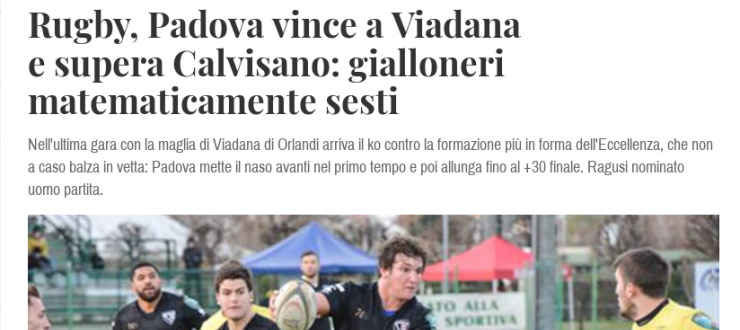 Rugby, Padova vince a Viadana e supera Calvisano: gialloneri matematicamente sesti