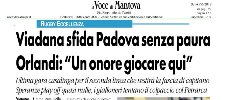 Viadana sfida Padova senza paura. Orlandi: "Un onore giocare qui"