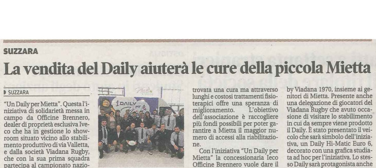 La vendita del Daily aiuterà le cure della piccola Mietta
