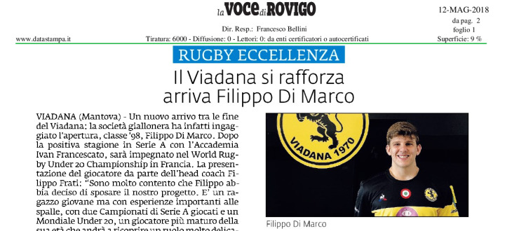 Il Viadana si rafforza arriva Filippo Di Marco