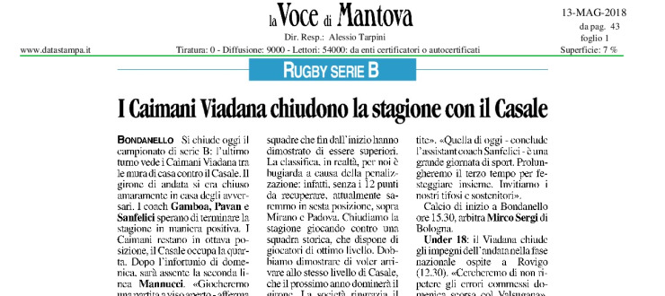 I Caimani Viadana chiudono la stagione con il Casale