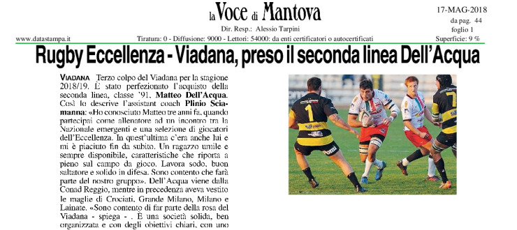 Rugby Eccellenza - Viadana, preso il seconda linea Dell'Acqua
