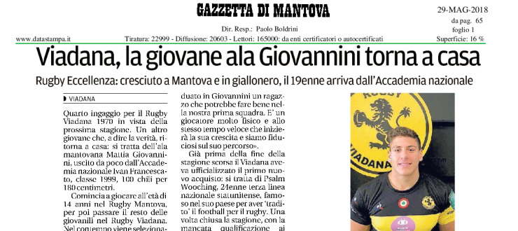 Viadana, la giovane ala Giovannini torna a casa