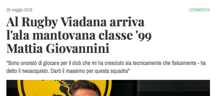 Al Rugby Viadana arriva l'ala mantovana classe '99 Mattia Giovannini