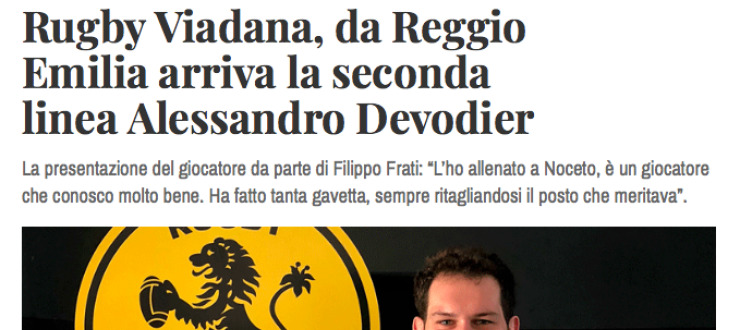 Rugby Viadana, da Reggio  Emilia arriva la seconda  linea Alessandro Devodier